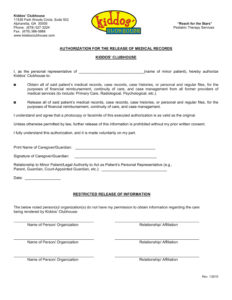 Kiddos' Clubhouse Medical Release Form